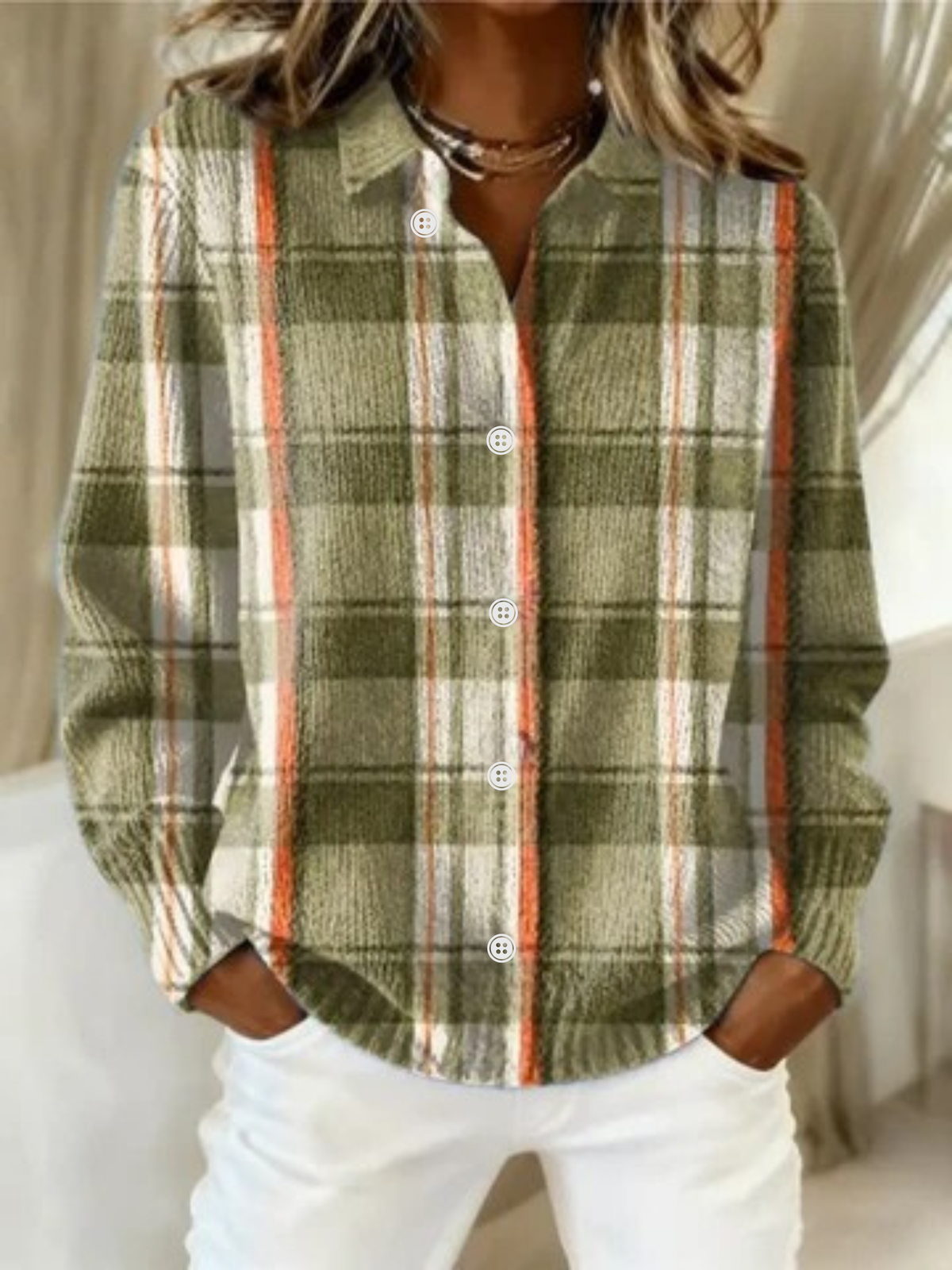 Blusa mujer con capucha a cuadros y botones – estilo casual versátil diario