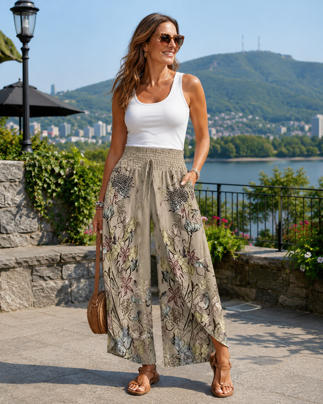 Pantalón mujer spandex floral con cintura fruncida verano