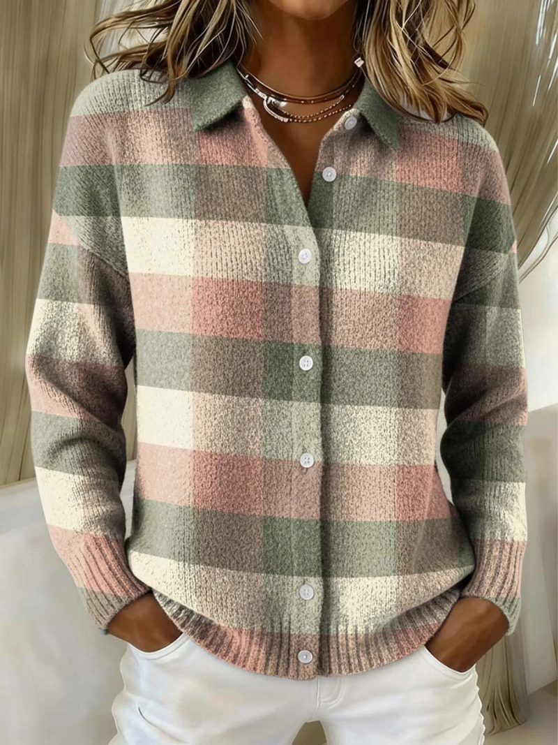 Sudadera mujer a cuadros con botones frontales – estilo casual suave diario