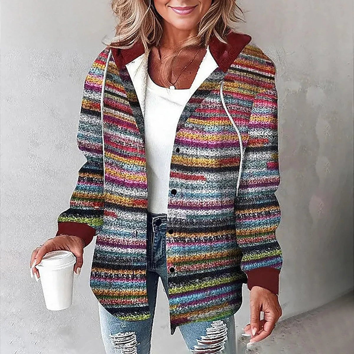 Chaqueta de otoño mujer con capucha y estampado a cuadros – chaqueta casual cálida