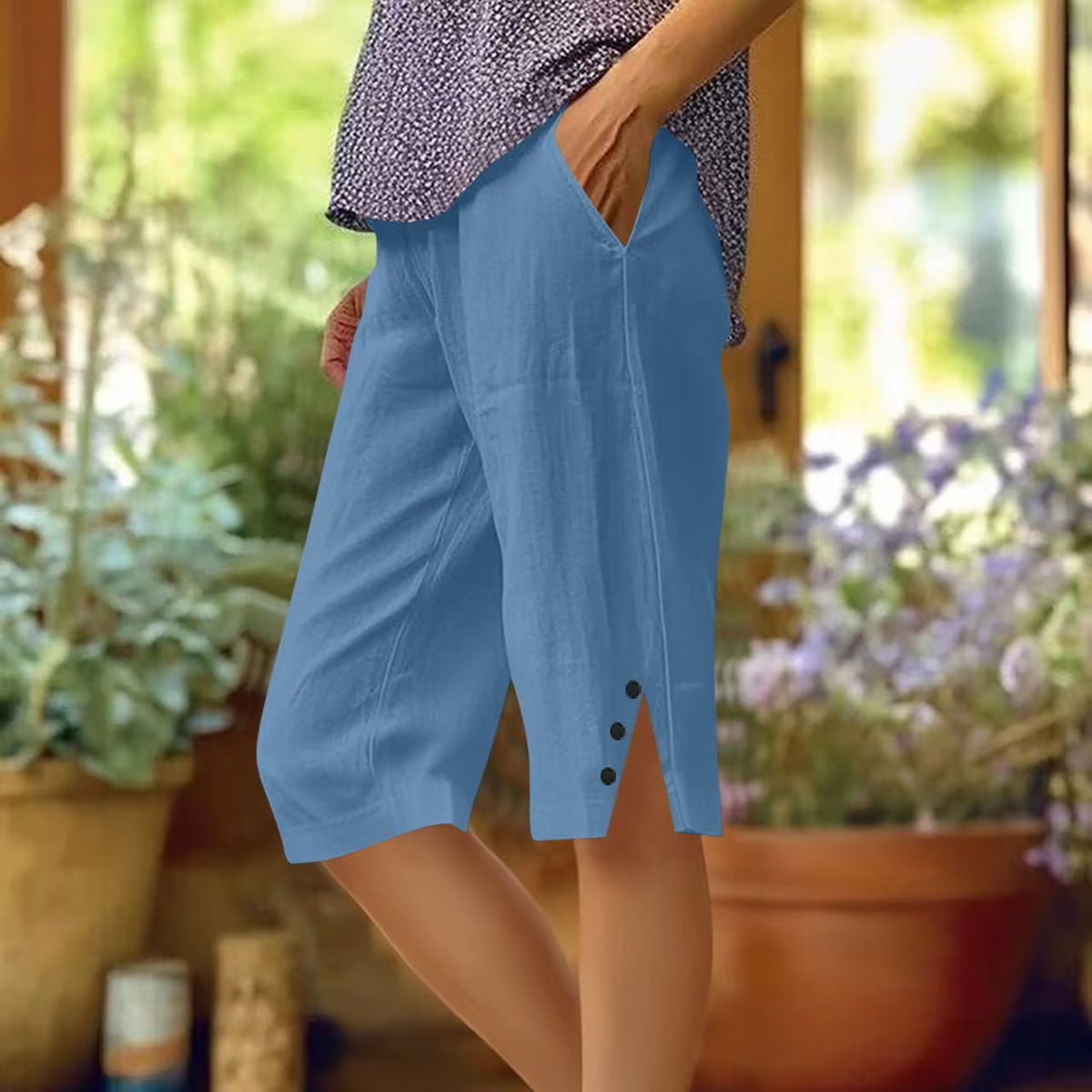 Pantalón capri mujer liso con bolsillos