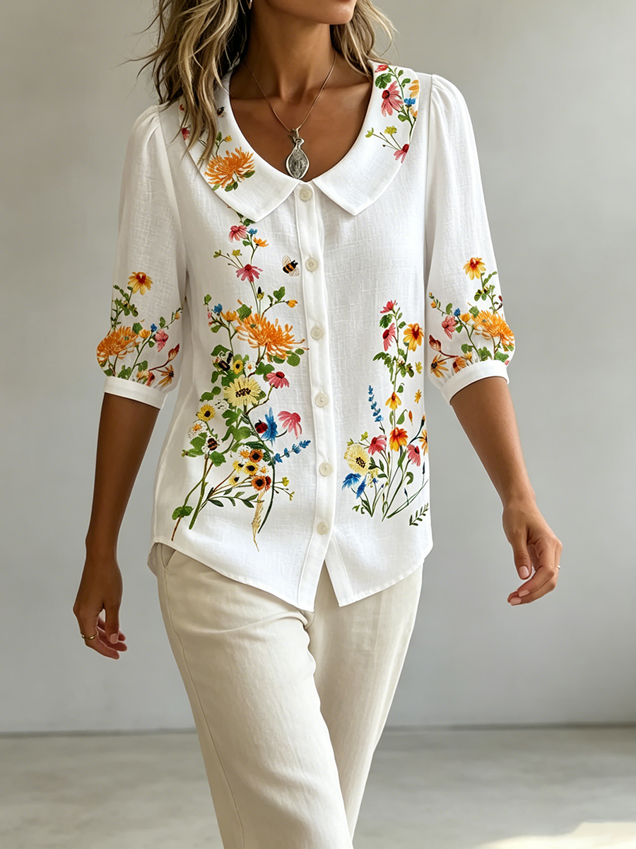 Blusa mujer lino algodón flores vintage cuello Peter Pan