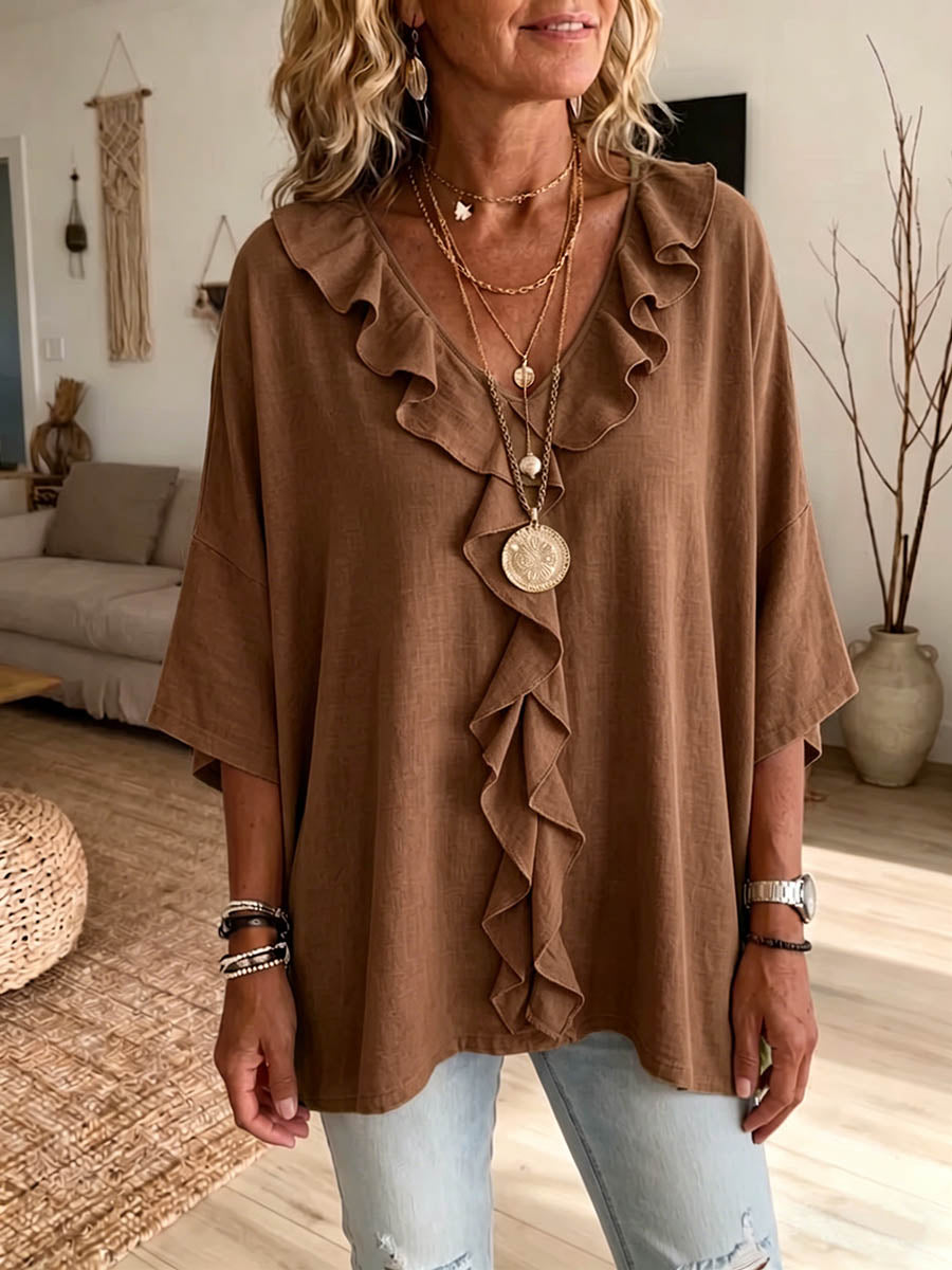 Blusa Mujer Algodón y Lino con Volantes – Corte Suelto y Escote en V