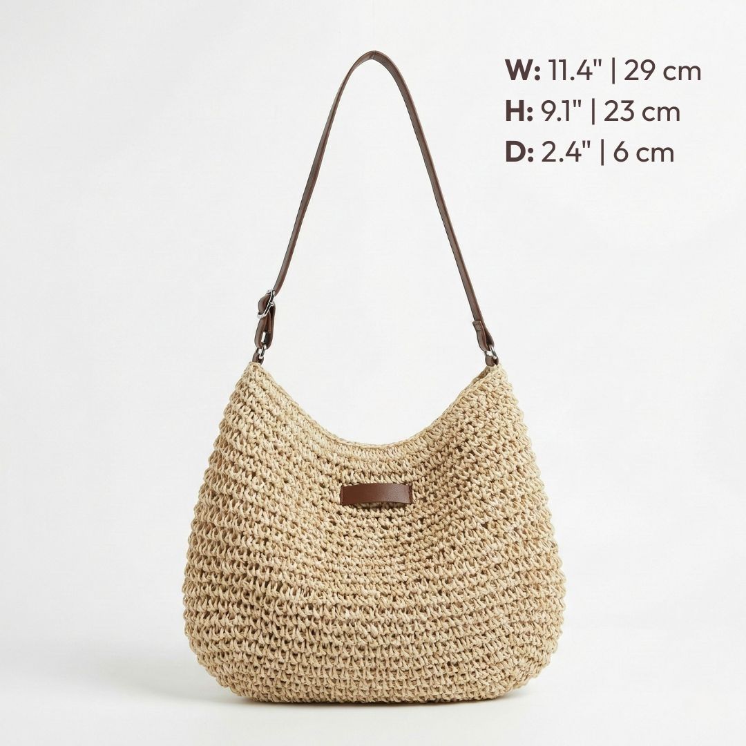 Bolso bandolera mujer rafia trenzada media luna cuero boho natural