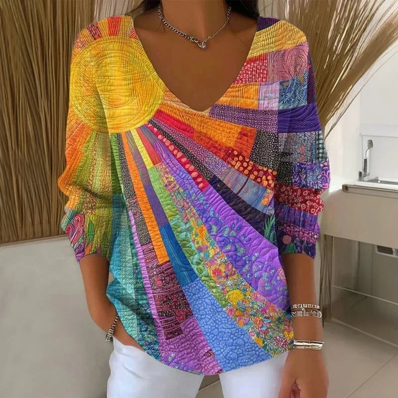 Sylvie | Top de manga larga con escote en V en estampado patchwork, elegante y a la moda
