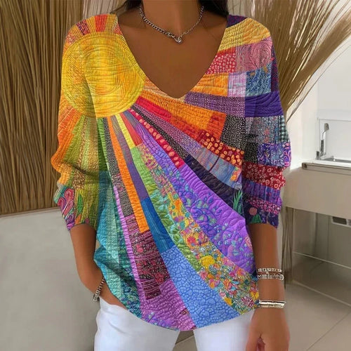 Sylvie | Top de manga larga con escote en V en estampado patchwork, elegante y a la moda