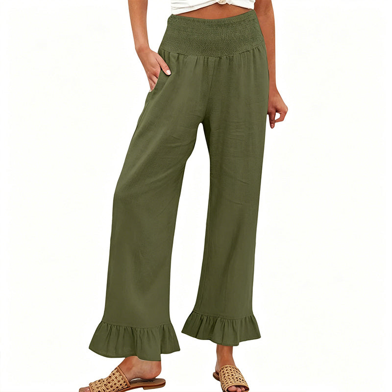 Pantalón mujer algodón lino ancho tiro alto smock volante bajo boho casual