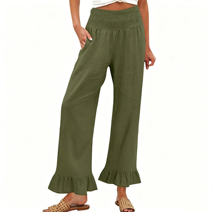 Pantalón mujer algodón lino ancho tiro alto smock volante bajo boho casual