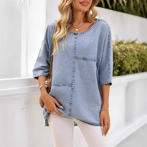 Camiseta de mujer efecto denim con costuras decorativas