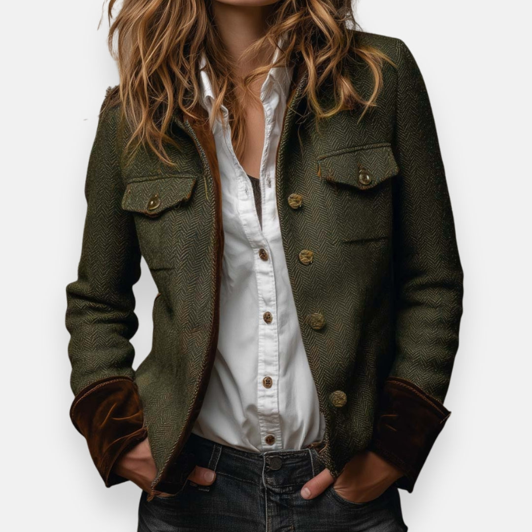 Chaqueta tweed mujer elegante – chaqueta vintage con detalles en terciopelo