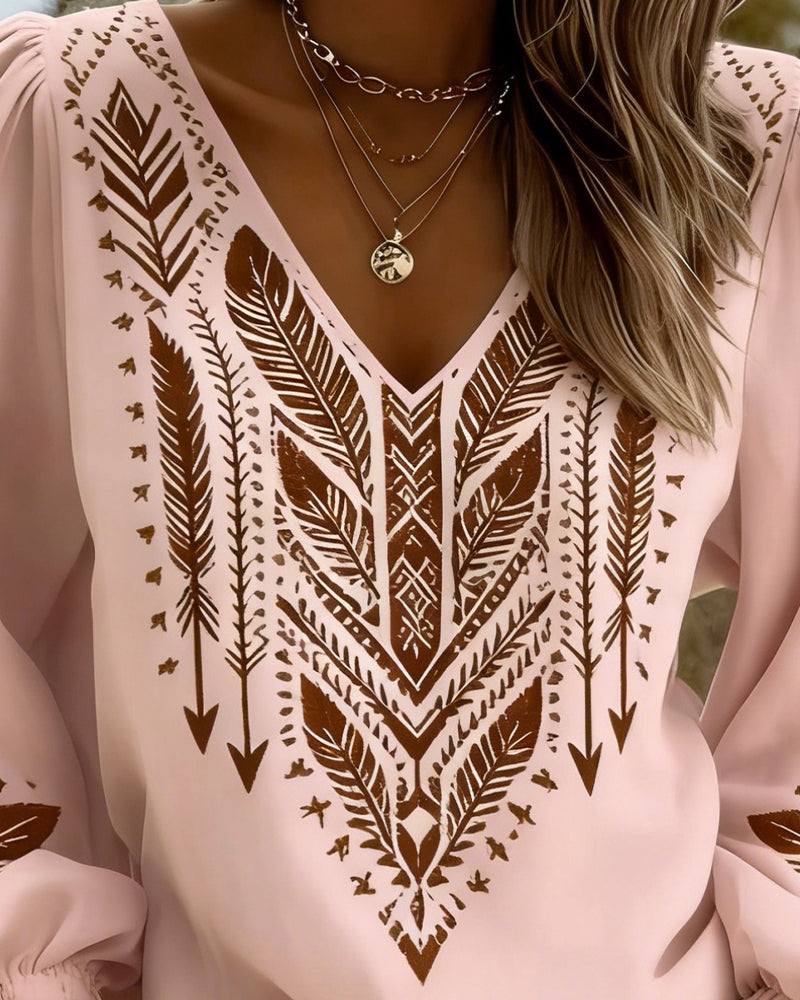 Blusa bohemia para mujer con escote en V y estampado étnico