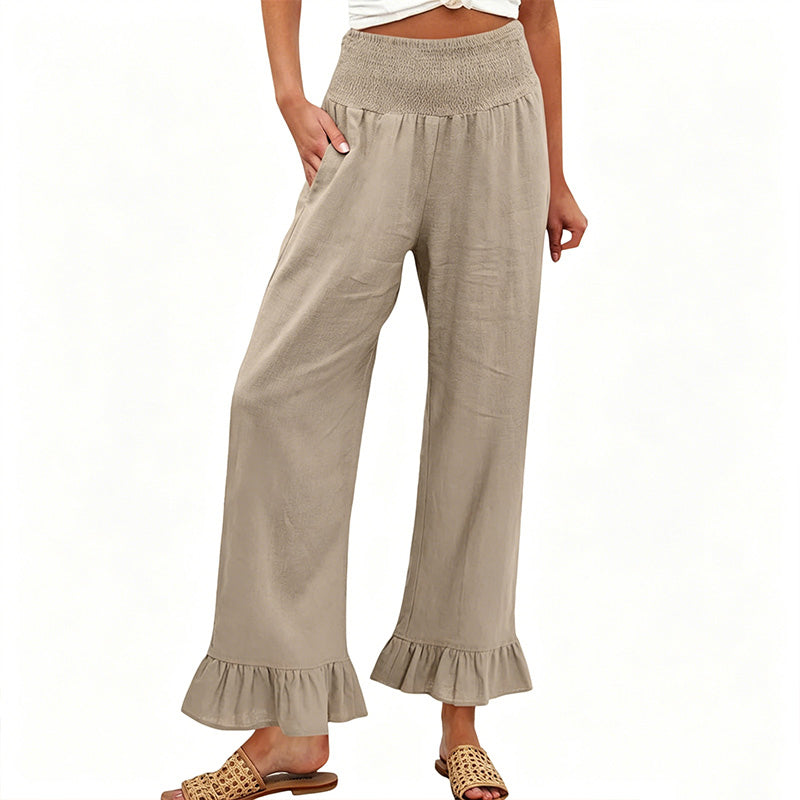 Pantalón mujer algodón lino ancho tiro alto smock volante bajo boho casual