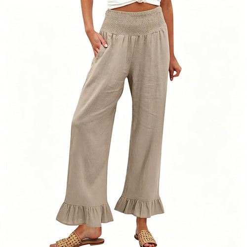 Pantalón mujer algodón lino ancho tiro alto smock volante bajo boho casual