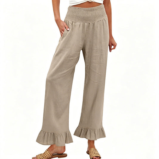 Pantalón mujer algodón lino ancho tiro alto smock volante bajo boho casual