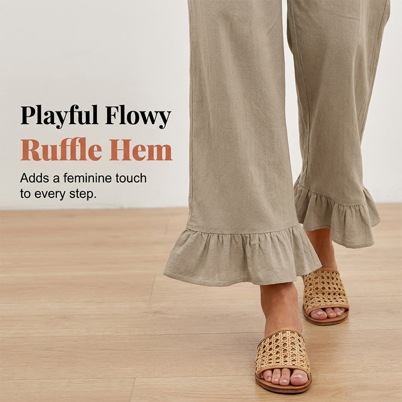 Pantalón mujer algodón lino ancho tiro alto smock volante bajo boho casual