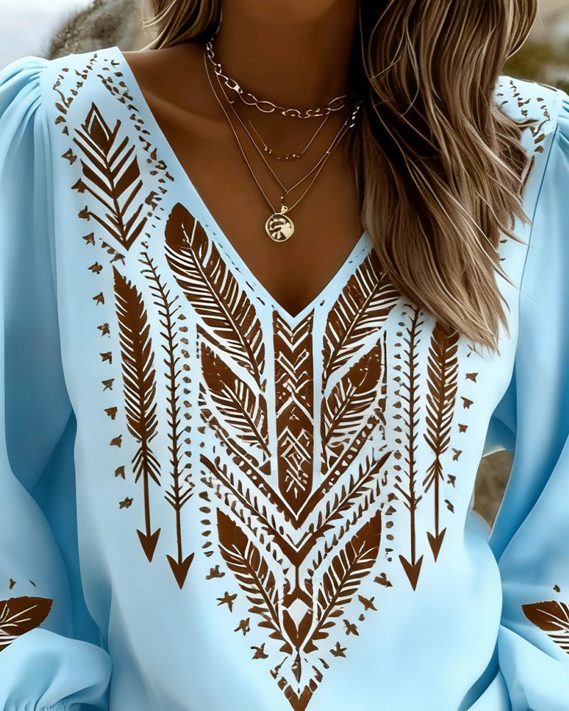 Blusa bohemia para mujer con escote en V y estampado étnico