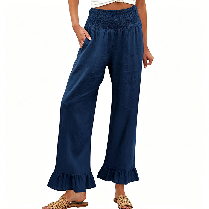 Pantalón mujer algodón lino ancho tiro alto smock volante bajo boho casual