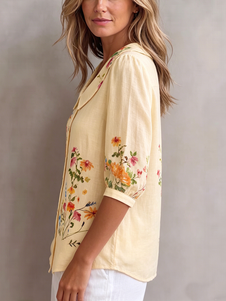 Blusa mujer lino algodón flores vintage cuello Peter Pan