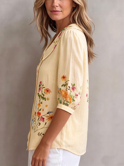 Blusa mujer lino algodón flores vintage cuello Peter Pan
