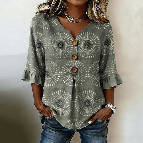 Blusa vintage mujer con estampado elegante y mangas acampanadas