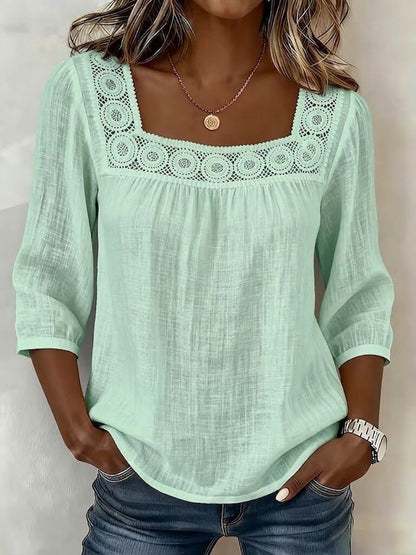 Blusa mujer de algodón y lino con encaje elegante