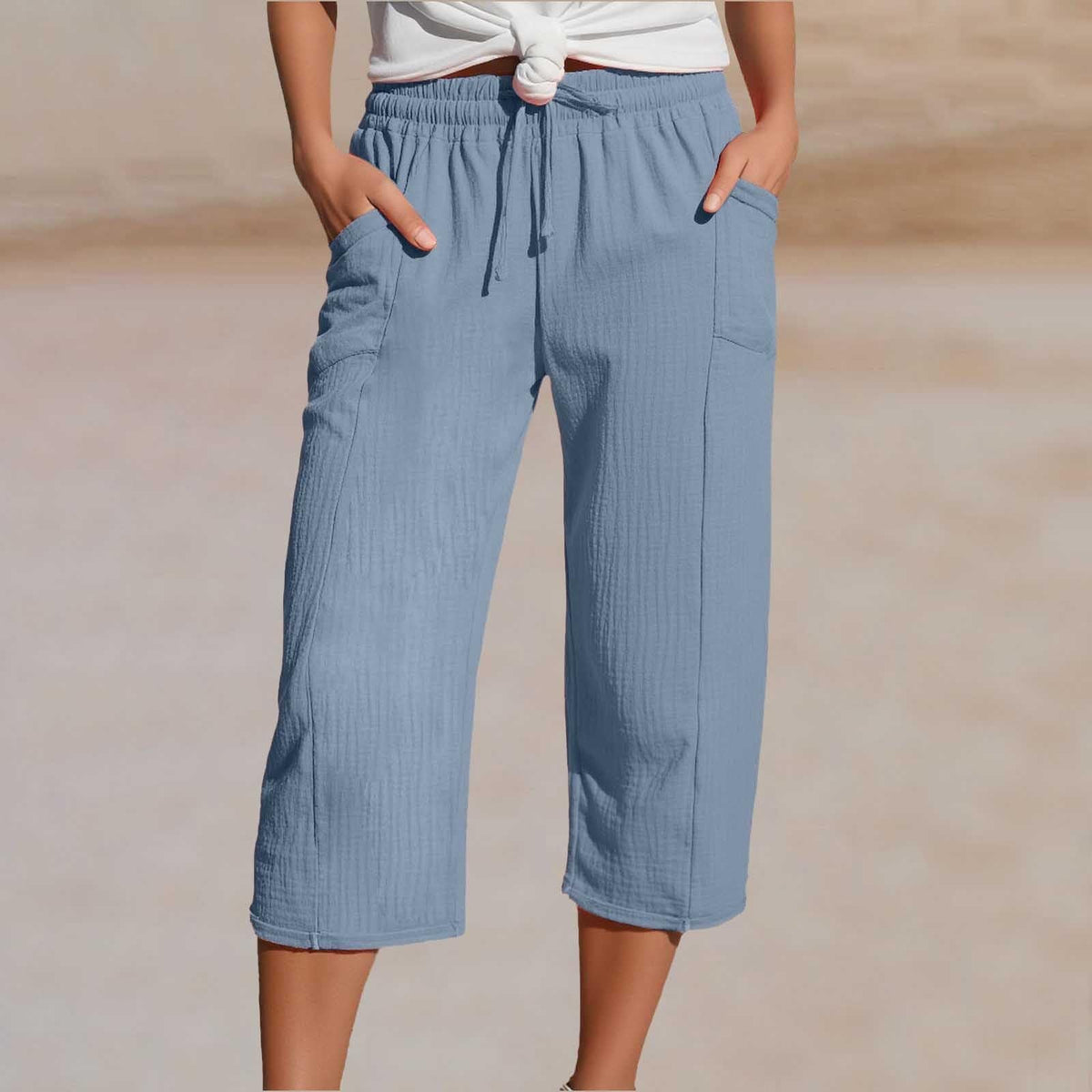 Pantalón cropped mujer de algodón y lino con cintura ajustable