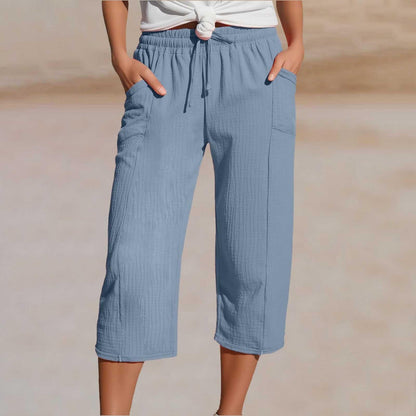 Pantalón cropped mujer de algodón y lino con cintura ajustable