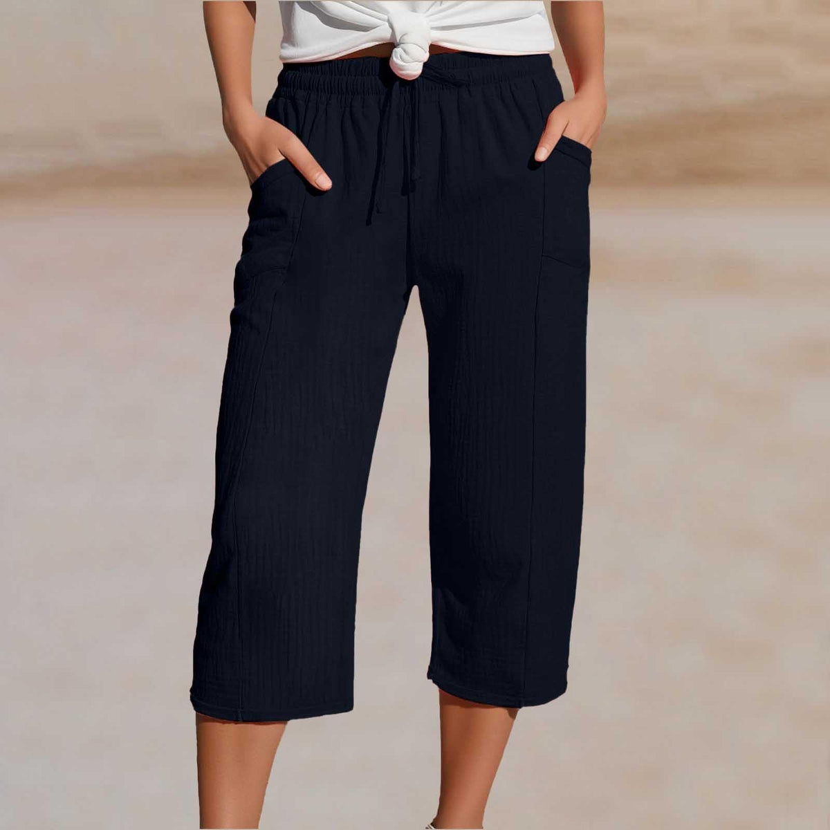 Pantalón cropped mujer de algodón y lino con cintura ajustable