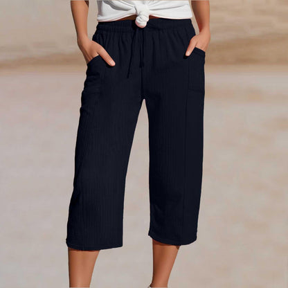 Pantalón cropped mujer de algodón y lino con cintura ajustable