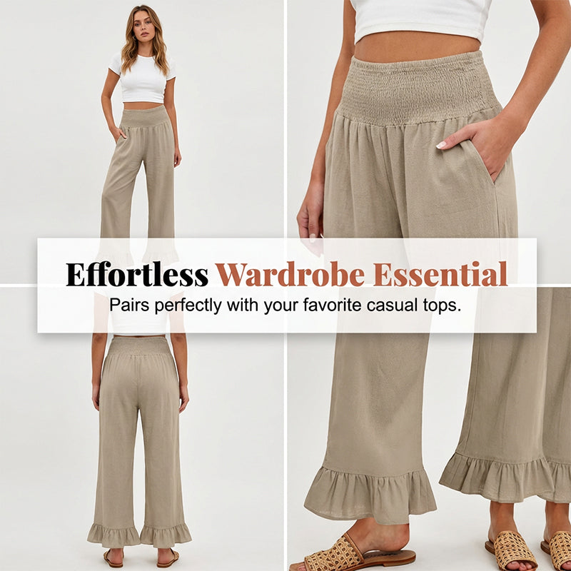 Pantalón mujer algodón lino ancho tiro alto smock volante bajo boho casual