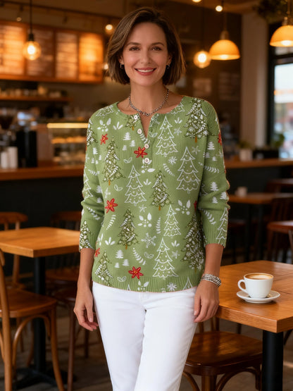 Suéter Mujer Navideño Con Botones Y Estampado Festivo – Jersey Invierno