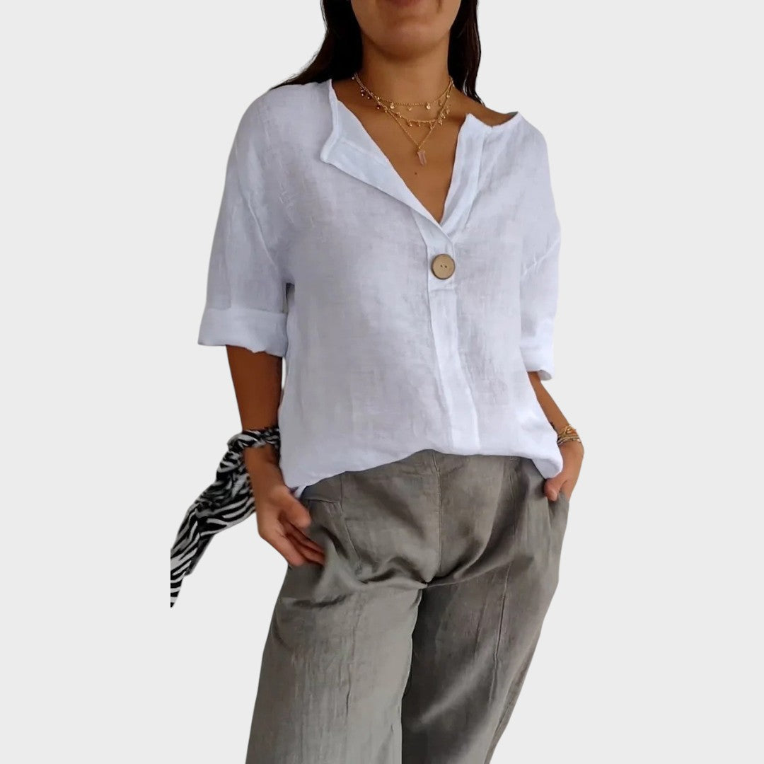 Blusa Mujer De Lino Con Escote En V – Camisa Casual Elegante