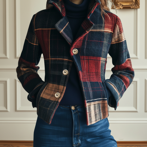 Chaqueta de lana mujer a cuadros – chaqueta elegante mujer clásica