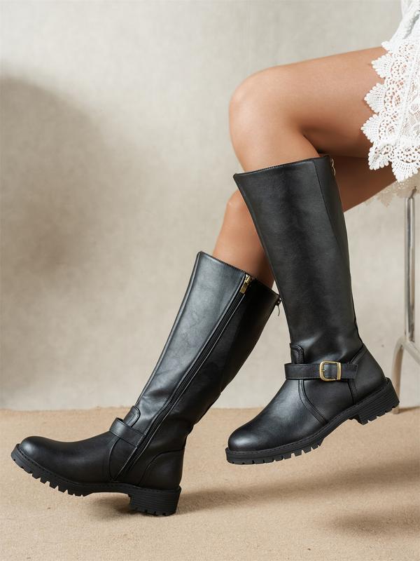 Botas mujer altas con tacón bajo y hebilla lateral – estilo elegante otoño
