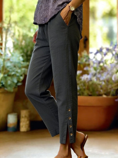 Pantalones Mujer Algodón y Lino – Corte Suelto con Botones Laterales