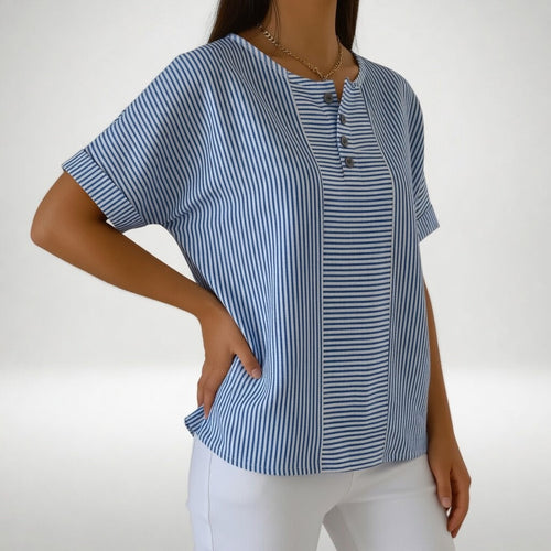 Blusa Mujer Lino Rayas Ligera – Manga Corta Casual Verano