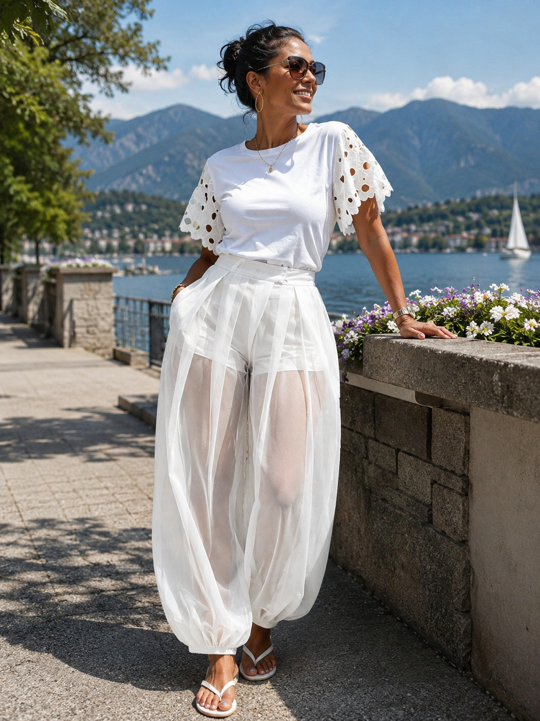 Pantalón mujer de malla transparente con short integrado y cintura alta