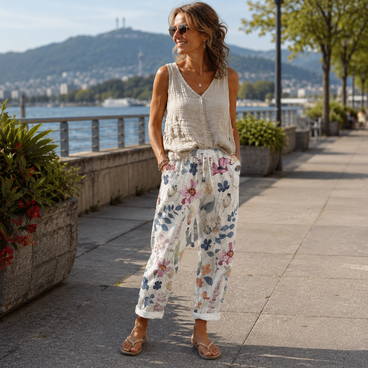 Pantalón mujer poliéster floral con cintura elástica verano casual