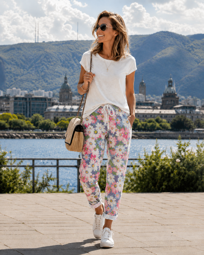 Pantalón floral para mujer con estampado floral y cintura ajustable