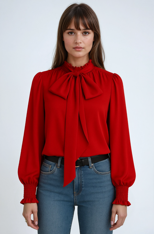 Blusa de manga larga con cuello de lazo