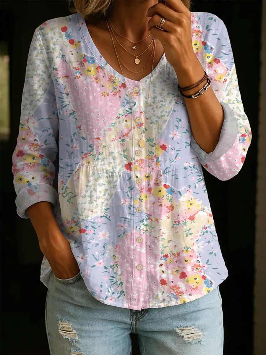 Blusa Mujer Floral Patchwork Ligera – Cuello en V Casual