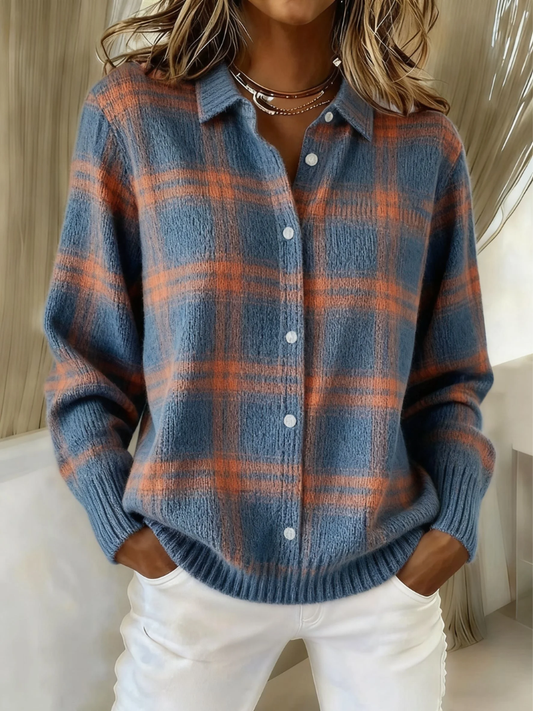 Blusa mujer con capucha a cuadros y botones – estilo casual cómodo diario