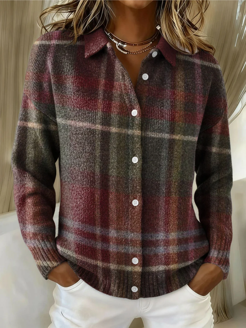 Blusa mujer con capucha a cuadros y botones – estilo casual cálido otoño