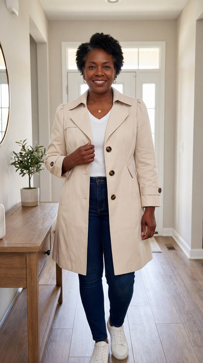Abrigo trench mujer elegante rosa vintage – ligero y versátil