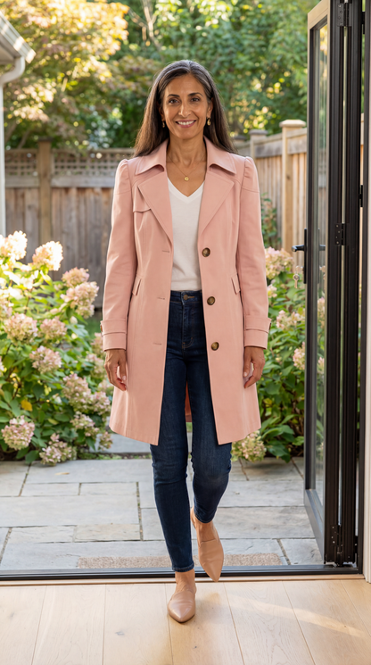 Abrigo trench mujer elegante rosa vintage – ligero y versátil