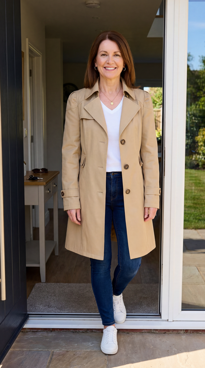 Abrigo trench mujer elegante rosa vintage – ligero y versátil