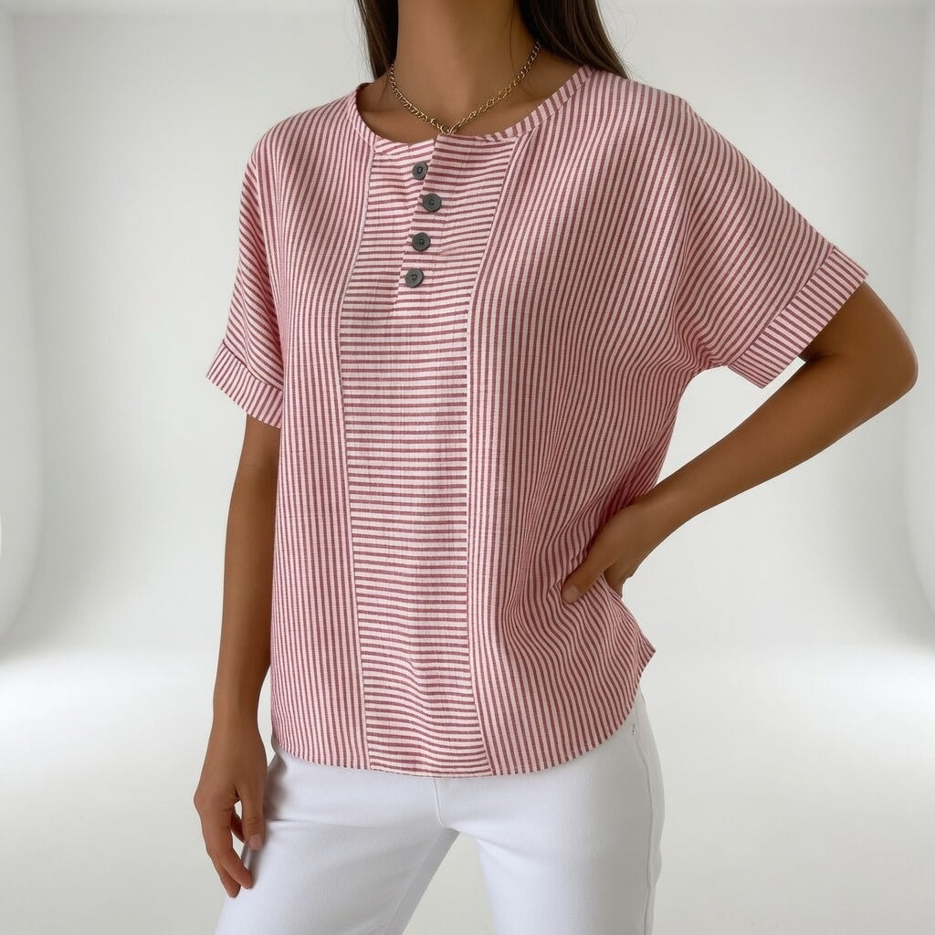 Blusa Mujer Lino Rayas Ligera – Manga Corta Casual Verano