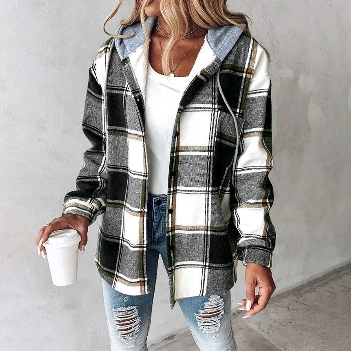 Chaqueta de otoño mujer con capucha y estampado a cuadros – chaqueta casual cálida