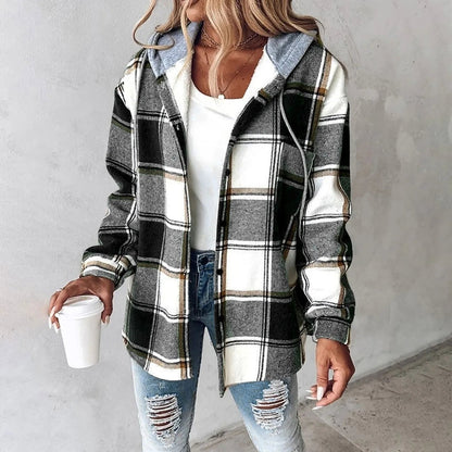 Chaqueta de otoño mujer con capucha y estampado a cuadros – chaqueta casual cálida