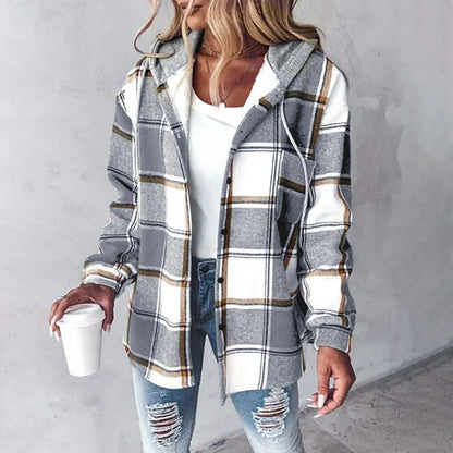 Chaqueta de otoño mujer con capucha y estampado a cuadros – chaqueta casual cálida